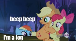 Size: 834x454 | Tagged: safe, derpibooru import, apple bloom, applejack, rainbow dash, earth pony, pegasus, pony, sleepless in ponyville, beep beep, female, filly, frown, hub logo, image macro, log, looking up, mare, meme, open mouth, sitting, worried