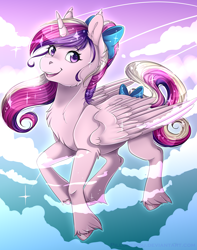 Size: 3232x4093 | Tagged: safe, artist:pillonchou, princess cadance, alicorn, pony, bow, cute, cutedance, female, hair bow, hair ribbon, looking at you, mare, smiling, solo, tail bow, teen princess cadance, unshorn fetlocks