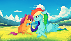 Size: 2462x1440 | Tagged: safe, artist:loukaina, derpibooru import, rainbow dash, scootaloo, pegasus, pony, cutie mark, hair bite, meadow, prone, scenery, the cmc's cutie marks