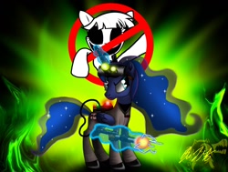 Size: 1280x970 | Tagged: safe, artist:mitsi1991, princess luna, alicorn, ghost, ghost pony, pony, clothes, crossover, female, ghostbusters, glowing horn, magic, signature, solo, telekinesis