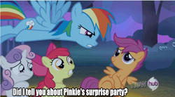 Size: 854x471 | Tagged: safe, derpibooru import, edit, edited screencap, screencap, pinkie pie, rainbow dash, scootaloo, sweetie belle, earth pony, pegasus, pony, sleepless in ponyville, hub logo, image macro