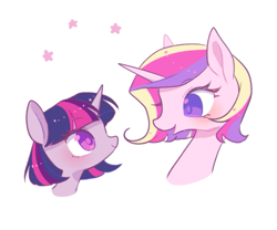 Size: 515x428 | Tagged: safe, artist:kkmrarar, edit, editor:jamalleymall, princess cadance, twilight sparkle, twilight sparkle (alicorn), alicorn, pony, blushing, cropped, cute, cutedance, duo, female, looking at each other, mare, open mouth, simple background, smiling, stars, twiabetes, white background