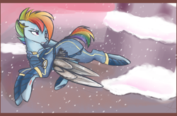 Size: 1450x950 | Tagged: safe, artist:chocolateponi, derpibooru import, rainbow dash, pegasus, pony, the cutie re-mark, alternate timeline, apocalypse dash, blood, crystal war timeline, flying, scar, snow, snowfall, solo