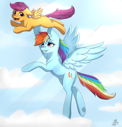 Size: 1922x2000 | Tagged: safe, artist:pillonchou, derpibooru import, rainbow dash, scootaloo, pegasus, pony, assisted flying, cloud, flying, scootalove