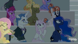 Size: 1143x638 | Tagged: safe, artist:thetomness, artist:torpy-ponius, edit, edited screencap, screencap, berry punch, berryshine, coco crusoe, dark moon, fancypants, fleur-de-lis, fluttershy, graphite, princess luna, rainbow stars, rainbowshine, alicorn, earth pony, pegasus, pony, unicorn, horse play, spoiler:s08, animated, cheering, clapping, eyes closed, female, floppy ears, frown, gif, hoof hold, lidded eyes, loop, mare, night, open mouth, panic attack, paper bag, sitting, stairs, sun, twilighting, unamused, wide eyes
