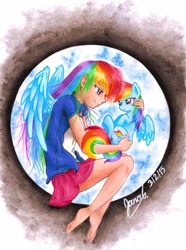 Size: 1669x2241 | Tagged: safe, artist:janadashie, derpibooru import, rainbow dash, equestria girls, barefoot, clothes, duality, embrace, feet, hug, human ponidox, humanized, jacket, miniskirt, shirt, size difference, skirt, traditional art, winged humanization