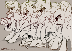 Size: 800x566 | Tagged: dead source, safe, artist:suikuzu, derpibooru import, applejack, fluttershy, pinkie pie, rainbow dash, rarity, twilight sparkle, earth pony, pegasus, pony, unicorn, battle stance, mane six, monochrome