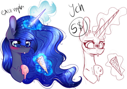 Size: 1024x717 | Tagged: safe, artist:chaospuschel, princess luna, alicorn, pony, blushing, cute, dropped ice cream, ethereal mane, food, glowing horn, ice cream, lunabetes, magic, simple background, solo, starry mane, telekinesis, tongue out, transparent background