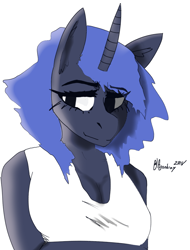 Size: 800x1052 | Tagged: safe, artist:itzdatag0ndray, princess luna, anthro, breasts, cleavage, clothes, ear fluff, female, simple background, smiling, smirk, solo, tanktop, white background