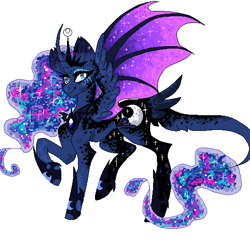 Size: 526x521 | Tagged: safe, artist:mscreepyplaguedoctor, princess luna, alicorn, pony, bat wings, curved horn, cutie mark, ethereal mane, eyeshadow, jewelry, leonine tail, looking at you, makeup, pixel art, redesign, regalia, simple background, smiling, solo, spread wings, starry mane, tail feathers, white background, wings