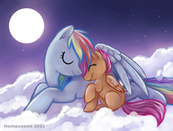Size: 1000x758 | Tagged: dead source, safe, artist:neon-possum, artist:neonpossum, rainbow dash, scootaloo, pegasus, pony, cloud, cloudy, cuddling, duo, duo female, eyes closed, featured on derpibooru, female, filly, full moon, mare, moon, prone, scootalove, snuggling, winghug