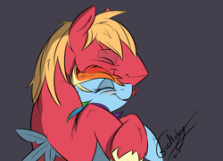 Size: 1024x737 | Tagged: safe, artist:rutkotka, derpibooru import, big macintosh, rainbow dash, earth pony, pegasus, pony, blushing, cuddling, male, messy hair, rainbowmac, shipping, sleeping, snuggling, stallion, straight