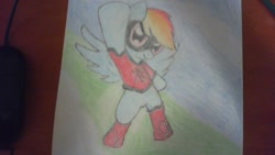 Size: 640x360 | Tagged: safe, artist:bigrinth, rainbow dash, pegasus, pony, atomic rainboom, solo, superhero, traditional art