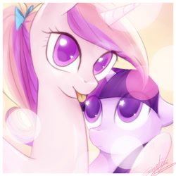 Size: 2000x2000 | Tagged: safe, artist:crystalsonatica, princess cadance, twilight sparkle, unicorn twilight, alicorn, pony, unicorn, :p, bow, confused, cute, cutedance, female, filly, floppy ears, frown, hair bow, heart eyes, hug, looking at you, looking up, mare, ponytail, selfie, signature, silly, smiling, starry eyes, teen princess cadance, tongue out, twiabetes, wingding eyes