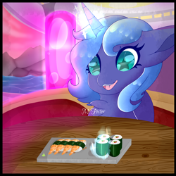 Size: 1024x1024 | Tagged: safe, artist:kiara-kitten, princess luna, alicorn, pony, food, magic, ponies eating meat, s1 luna, solo, starry eyes, sushi, wingding eyes