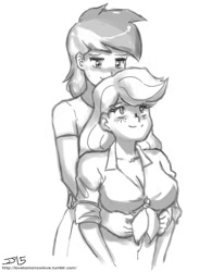 Size: 800x970 | Tagged: safe, artist:johnjoseco, derpibooru import, applejack, rainbow dash, human, appledash, applerack, black and white, breasts, female, front knot midriff, grayscale, halter top, hug, humanized, lesbian, midriff, monochrome, shipping