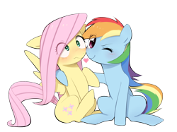 Size: 1280x956 | Tagged: safe, artist:30clock, derpibooru import, fluttershy, rainbow dash, pegasus, pony, blushing, female, flutterdash, heart, lesbian, mare, one eye closed, raised hoof, shipping, simple background, smiling, transparent background, wide eyes, wingboner, wink