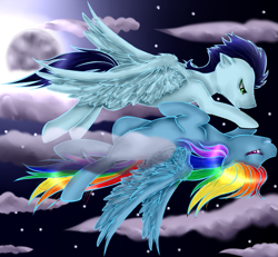 Size: 931x859 | Tagged: safe, artist:angiemp, rainbow dash, soarin', pegasus, pony, female, flying, male, moon, night, shipping, soarindash, straight