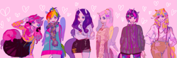 Size: 1245x408 | Tagged: safe, artist:matsusaka, derpibooru import, applejack, fluttershy, pinkie pie, rainbow dash, rarity, twilight sparkle, clothes, eared humanization, heart, horned humanization, humanized, line-up, mane six, pixiv, shorts, skirt, suspenders, sweater, tailed humanization, tube skirt, winged humanization