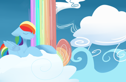 Size: 1024x663 | Tagged: safe, artist:dozymouse, rainbow dash, pegasus, pony, cloud, cloudy, eyes closed, rainbow, solo