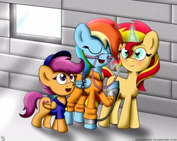 Size: 2500x2000 | Tagged: safe, artist:dotaandme, derpibooru import, rainbow dash, scootaloo, sunset shimmer, pegasus, pony, abuse, bound wings, bridle, chains, clothes, dashabuse, police uniform, prison, prison outfit, prisoner, prisoner rd, shackles, telekinesis