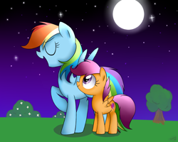 Size: 1024x819 | Tagged: safe, artist:darkynez, derpibooru import, rainbow dash, scootaloo, pegasus, pony, cute, cutealoo, moon, scootalove, starry night