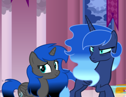 Size: 1448x1120 | Tagged: safe, artist:thesmall-artist, princess luna, oc, oc:midnight shadow, alicorn, pony, base used, female, mother and child, mother and daughter, offspring, parent and child, parent:princess luna