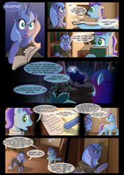 Size: 1240x1754 | Tagged: safe, artist:lunarcakez, princess luna, oc, oc:soliloquy, alicorn, earth pony, pony, comic:the origins of hollow shades, book, cloak, clothes, comic, male, s1 luna, stallion