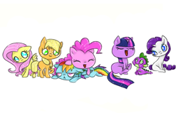 Size: 858x546 | Tagged: safe, artist:ggfox22, derpibooru import, applejack, fluttershy, pinkie pie, rainbow dash, rarity, spike, twilight sparkle, dragon, earth pony, pegasus, pony, unicorn, filly, foal, mane seven, mane six