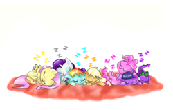 Size: 858x546 | Tagged: safe, artist:ggfox22, derpibooru import, applejack, fluttershy, pinkie pie, rainbow dash, rarity, spike, twilight sparkle, dragon, earth pony, pegasus, pony, unicorn, cuddle puddle, filly, foal, mane seven, mane six, sleeping, zzz