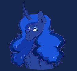 Size: 2500x2300 | Tagged: safe, artist:johnathan-leviathan, princess luna, alicorn, pony, alternate design, alternate hairstyle, bust, curved horn, ethereal mane, galaxy mane, solo