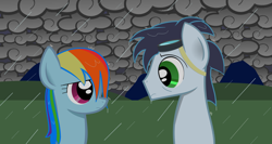 Size: 1024x546 | Tagged: safe, artist:rebron-y, rainbow dash, soarin', pegasus, pony, female, male, rain, shipping, soarindash, straight, thunderstorm