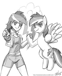 Size: 800x970 | Tagged: safe, artist:johnjoseco, derpibooru import, rainbow dash, human, pegasus, pony, belly button, clothes, female, grayscale, human ponidox, humanized, looking at you, mare, midriff, monochrome, pointing, shorts, smiling