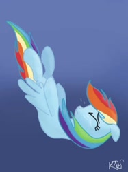 Size: 340x454 | Tagged: safe, artist:pannagirl, rainbow dash, pegasus, pony, blue coat, falling, female, mare, multicolored mane, solo