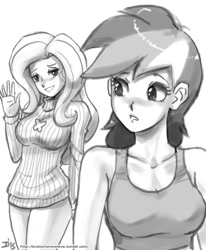 Size: 800x970 | Tagged: safe, artist:johnjoseco, derpibooru import, fluttershy, rainbow dash, human, bedroom eyes, blushing, clothes, female, flutterdash, grayscale, humanized, lesbian, looking back, monochrome, no panties, shipping, smiling, sweater, sweatershy, waving