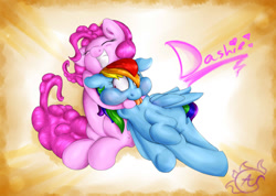 Size: 1280x909 | Tagged: safe, artist:aquaticsun, derpibooru import, pinkie pie, rainbow dash, earth pony, pegasus, pony, :p, asphyxiation, choking, derp, eyes closed, female, floppy ears, grin, happy, heart, hug, lesbian, pinkiedash, puffy cheeks, shipping, smiling, tongue out, wide eyes