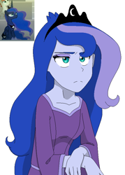 Size: 550x768 | Tagged: safe, artist:fantasygerard2000, princess luna, vice principal luna, equestria girls, horse play, clothes, crown, equestria girls interpretation, female, jewelry, luna is not amused, mare, regalia, scene interpretation, shirt, simple background, solo, unamused