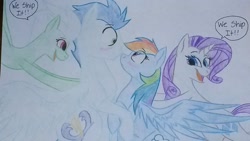 Size: 1024x576 | Tagged: safe, artist:colourstrike, derpibooru import, fleetfoot, rainbow dash, rarity, soarin', pegasus, pony, unicorn, backwards cutie mark, female, male, shipper on deck, shipping, soarindash, straight, traditional art