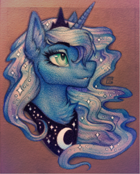 Size: 640x794 | Tagged: safe, artist:ferwildir, princess luna, alicorn, pony, bust, colored pencil drawing, ethereal mane, female, mare, portrait, smiling, solo, starry mane, traditional art