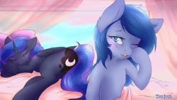 Size: 1920x1080 | Tagged: safe, artist:tokokami, princess luna, oc, oc:shadow blue, alicorn, earth pony, pony, animated at source, bed, blue eyes, blue fur, blushing, cute, ethereal mane, female, implied lesbian, mare, moonbutt, one eye closed, raffle, raffle prize, sleeping, sleepy, starry mane