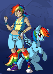 Size: 885x1240 | Tagged: safe, artist:collaredginger, rainbow dash, belly button, clothes, converse, hand wraps, human ponidox, humanized, midriff, rainbow socks, shoes, socks, solo, striped socks