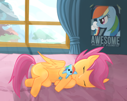 Size: 1280x1024 | Tagged: safe, artist:mrmagicrainbows, rainbow dash, pegasus, pony, bed, plushie, poster, sleeping, solo, window