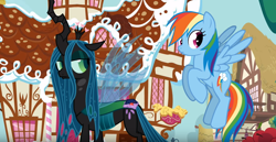 Size: 1280x660 | Tagged: safe, artist:mixermike622, derpibooru import, queen chrysalis, rainbow dash, changeling, changeling queen, pegasus, pony, cupcake, female, food, khuppkheighckes, screenshots, unamused