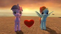 Size: 1366x768 | Tagged: safe, rainbow dash, twilight sparkle, pegasus, pony, 3d, balloon, female, gmod, heart, lesbian, shipping, twidash