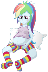 Size: 7200x10800 | Tagged: safe, artist:xniclord789x, rainbow dash, equestria girls, absurd resolution, belly, belly button, big belly, blushing, clothes, pillow, pregnant, simple background, socks, solo, striped socks, striped underwear, transparent background, underwear, young adult pregnancy