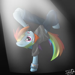 Size: 720x720 | Tagged: safe, artist:yoshimaru, rainbow dash, pegasus, pony, breakdancing, clothes, hip hop, neckerchief, pants, solo