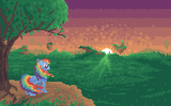 Size: 1680x1050 | Tagged: safe, artist:lightspeeed, derpibooru import, rainbow dash, pegasus, pony, everfree forest, pixel art, scenery, solo, sunset, wallpaper