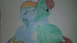 Size: 1024x576 | Tagged: safe, artist:colourstrike, derpibooru import, rainbow dash, oc, oc:northern haste, pegasus, pony, colt, female, filly, hug, male, northash, request, traditional art, younger