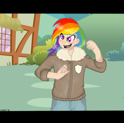 Size: 500x495 | Tagged: safe, artist:rainydaysahead, rainbow dash, clothes, humanized, jacket, pilot, solo