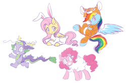 Size: 1000x659 | Tagged: safe, artist:yoonny92, derpibooru import, fluttershy, pinkie pie, rainbow dash, spike, dragon, earth pony, pegasus, pony